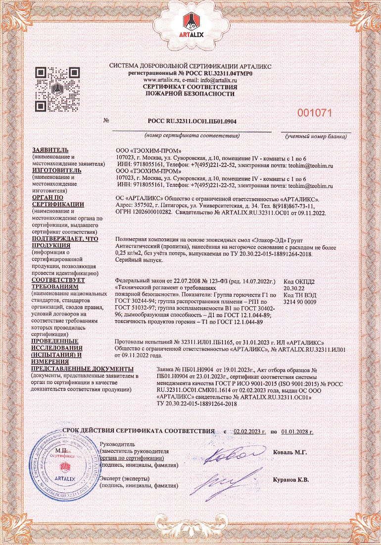 Сертификат соответствия - Антистатическая пропитка «Элакор-ЭД» Класс КМ1