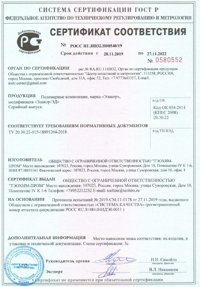 Сертификат соответствия «Элакор-ЭД»
