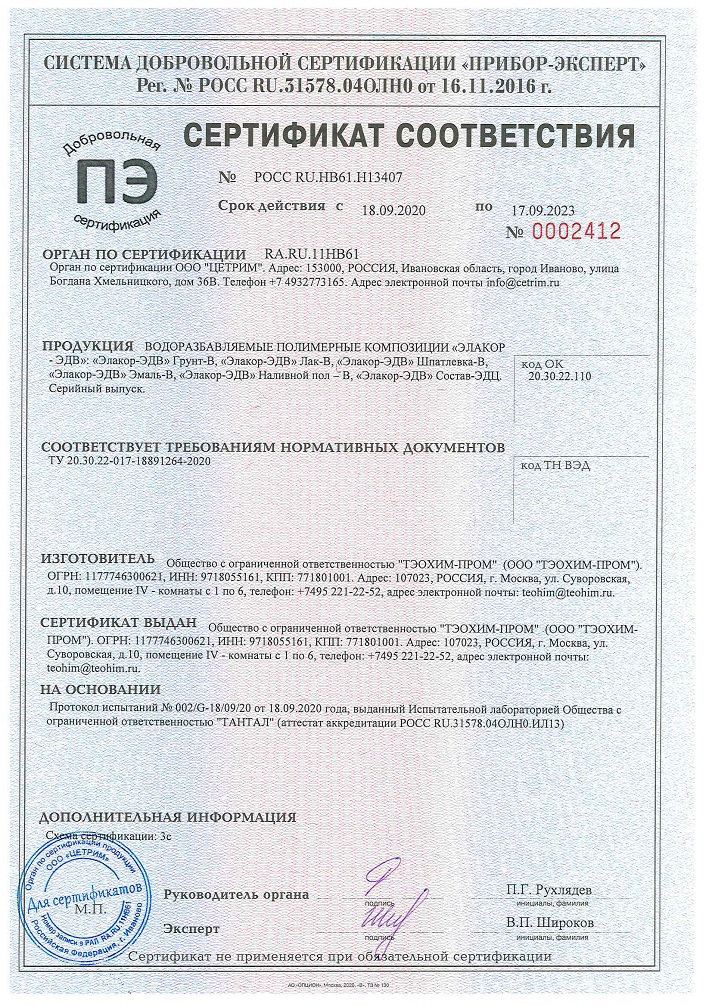 Сертификат соответствия «Элакор-ЭДВ»